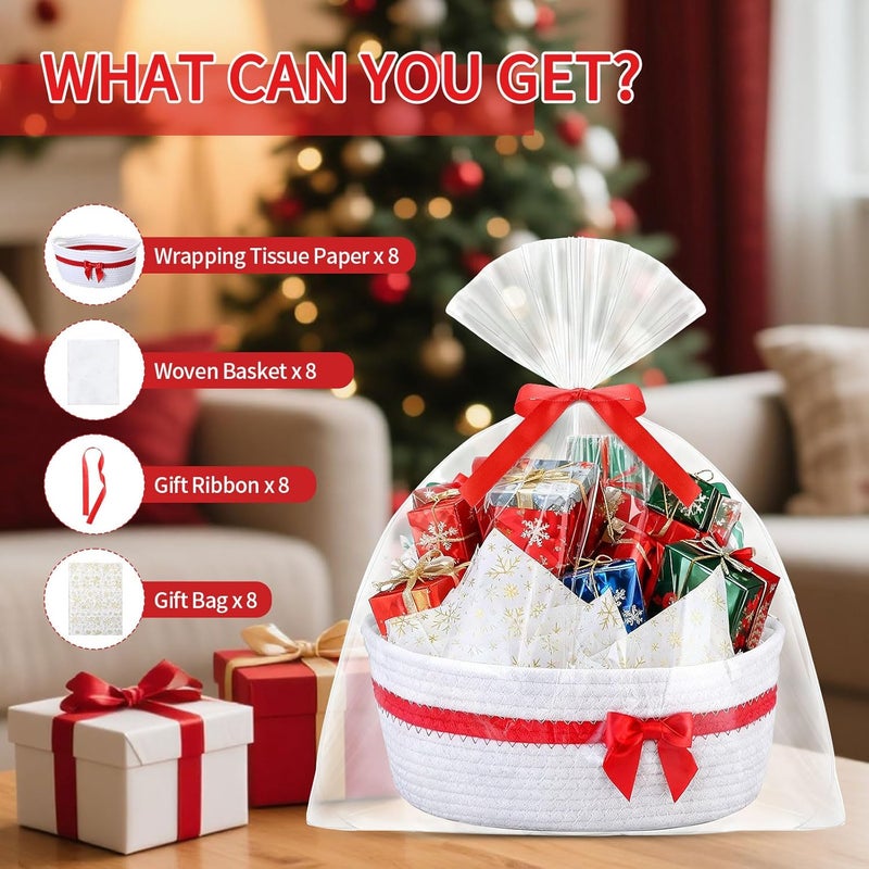 FoldTier 8 Pack Small Christmas Woven Basket with Gift Bags Ribbons and Wrapping Paper 12"x 8"x 5" Storage Basket with Handles Empty for Baby Shower Birthday Pet Toy Organizer Nursery Bins(White) - Image 4